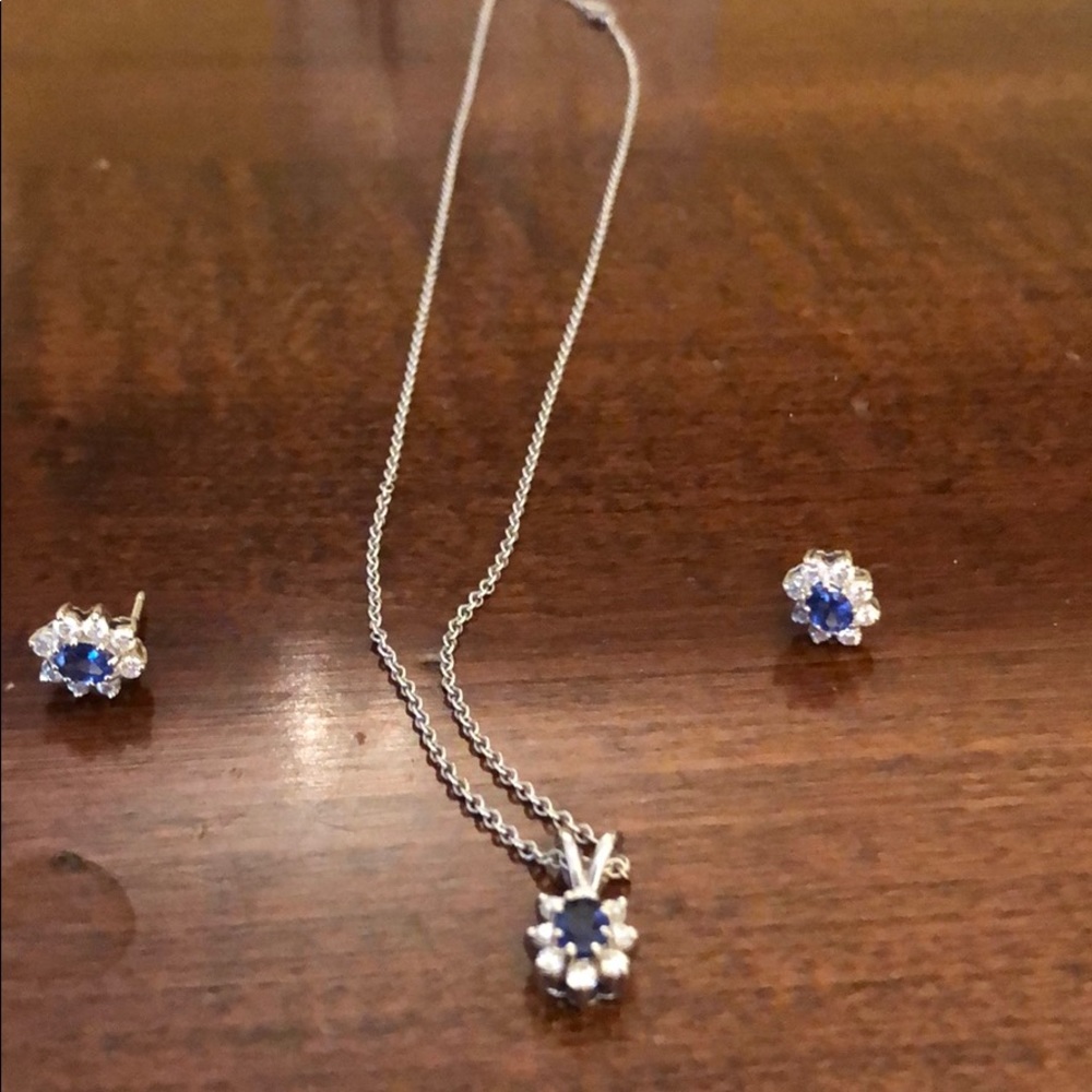 Sapphire and diamond pendant and matching earrings